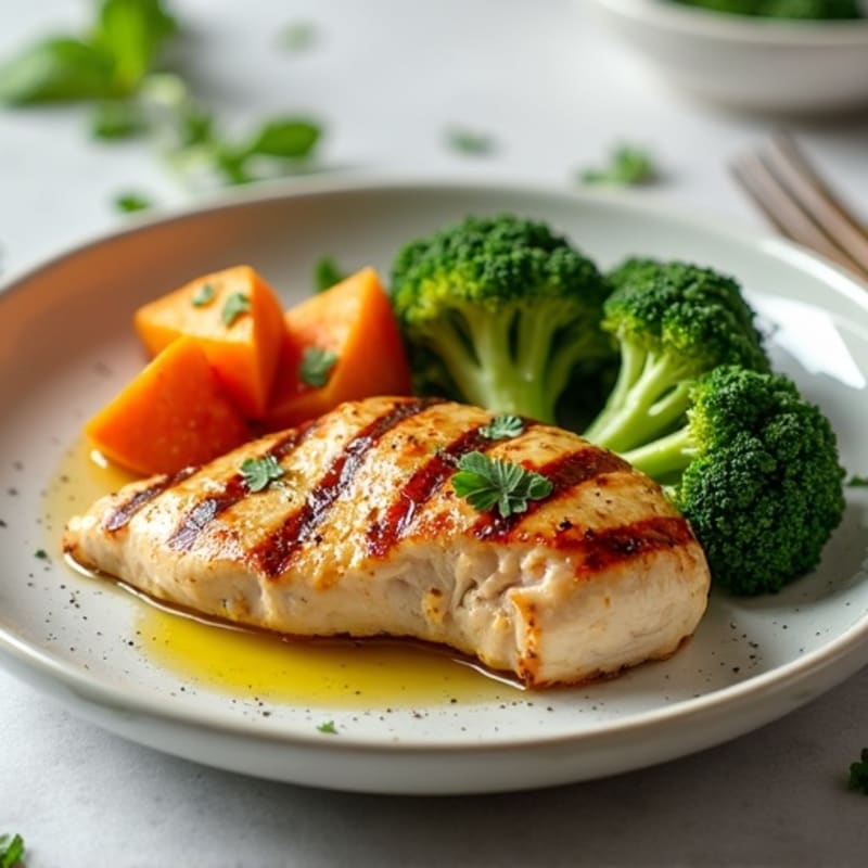 Grilled Chicken Breast with Roasted Sweet Potato and Steamed Broccoli
