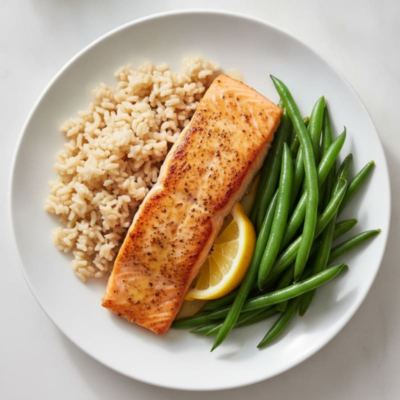 Seared Salmon with Steamed Green Beans and Brown Rice