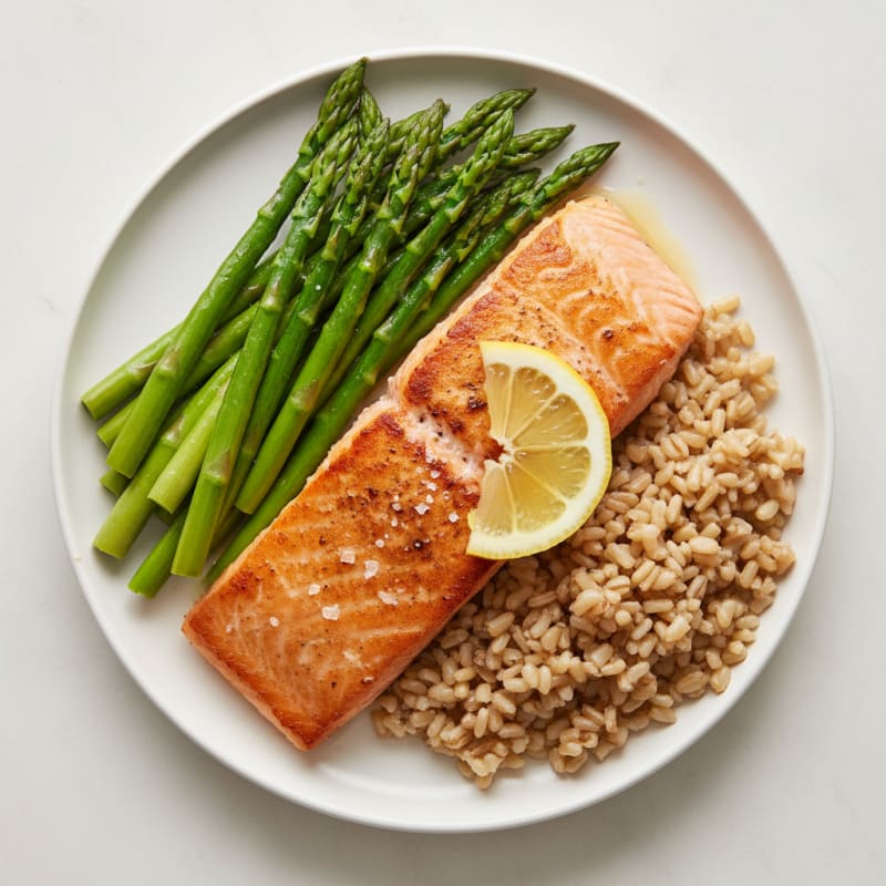 Seared Salmon with Steamed Asparagus and Brown Rice