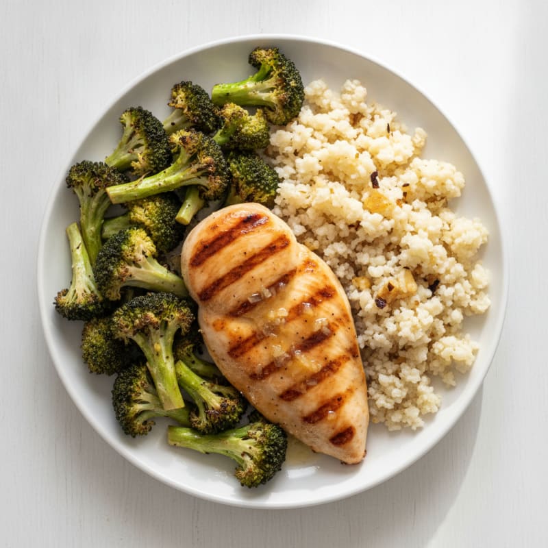 Grilled Chicken Breast with Roasted Broccoli and Cauliflower Rice
