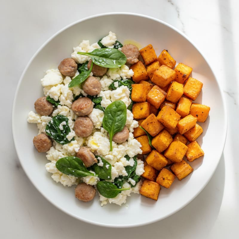 Egg White and Turkey Sausage Scramble with Spinach and Roasted Sweet Potato