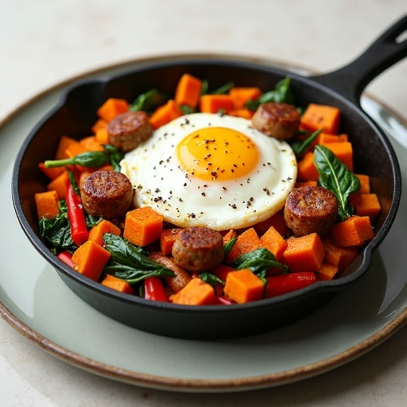Crispy Sweet Potato Hash, Turkey Sausage, and Egg Skillet