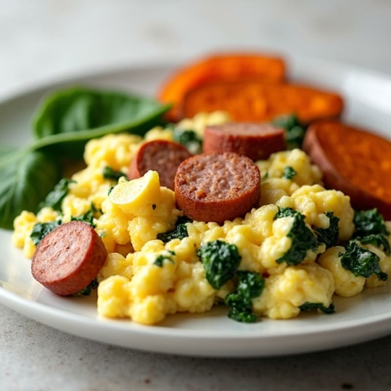 Egg White and Turkey Sausage Scramble with Spinach and Roasted Sweet Potato