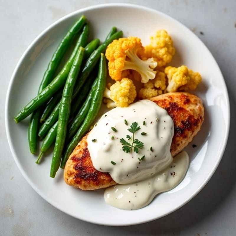 Spiced Creamy Chicken with Roasted Cauliflower and Green Beans