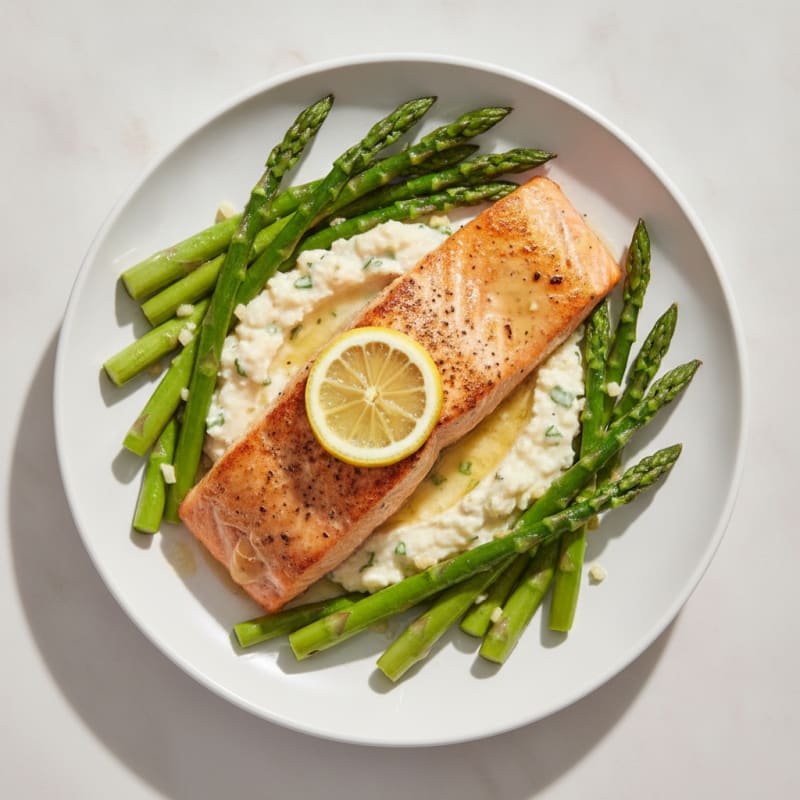 Seared Salmon Fillet with Steamed Asparagus and Cauliflower Mash