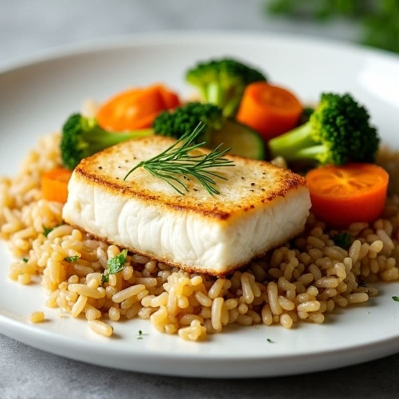 Pan-Seared White Fish with Steamed Vegetables and Herb Rice