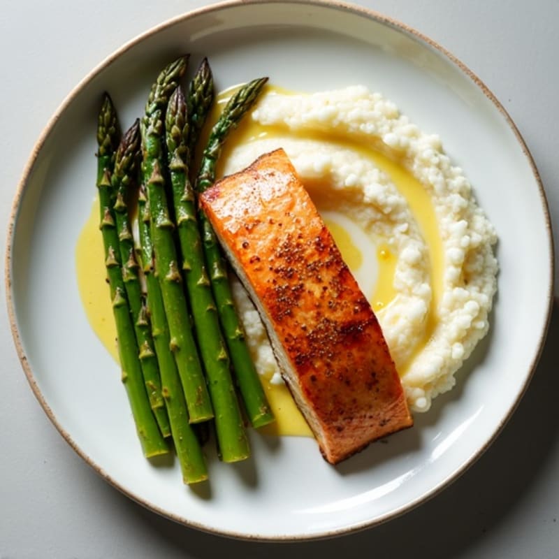Seared Salmon with Roasted Asparagus and Cauliflower Mash