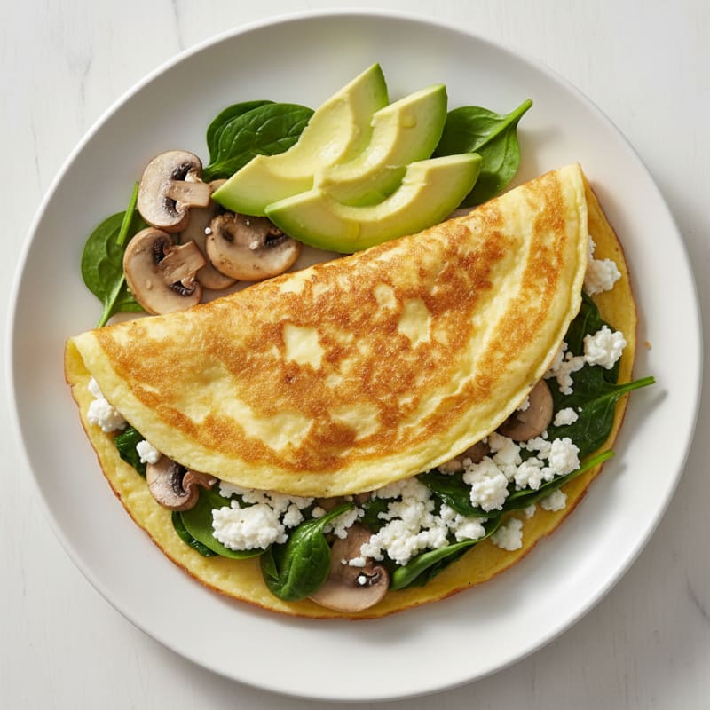 Egg White Spinach Omelette with Cottage Cheese and Sautéed Mushrooms