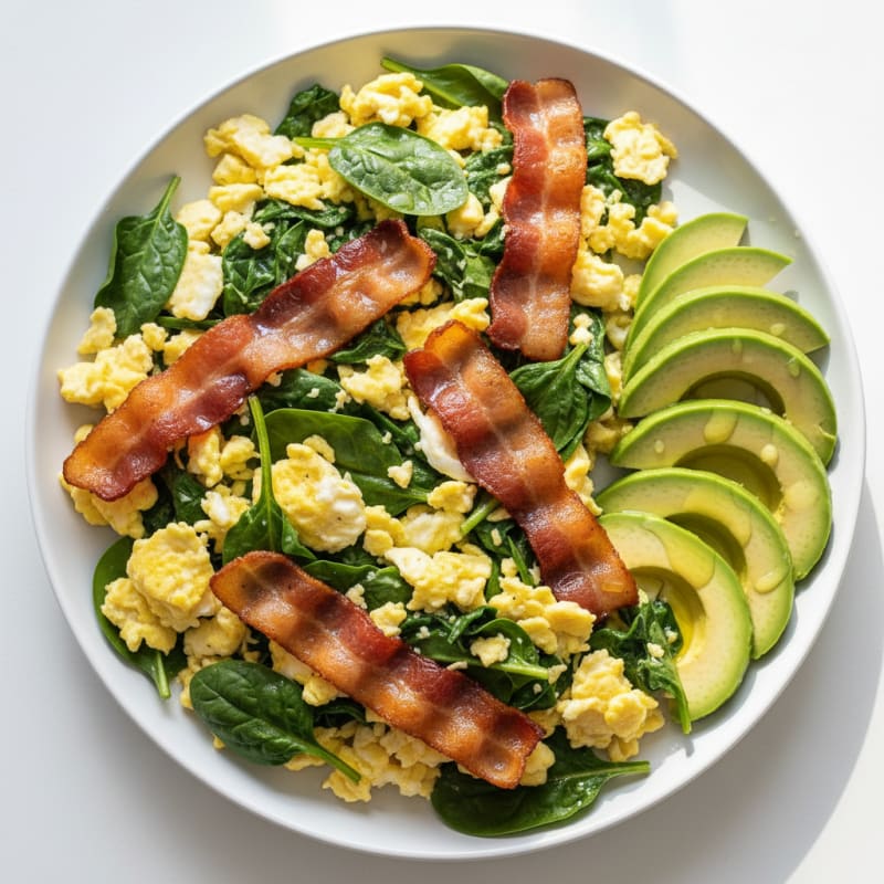 Scrambled Egg Whites with Sautéed Spinach and Turkey Bacon