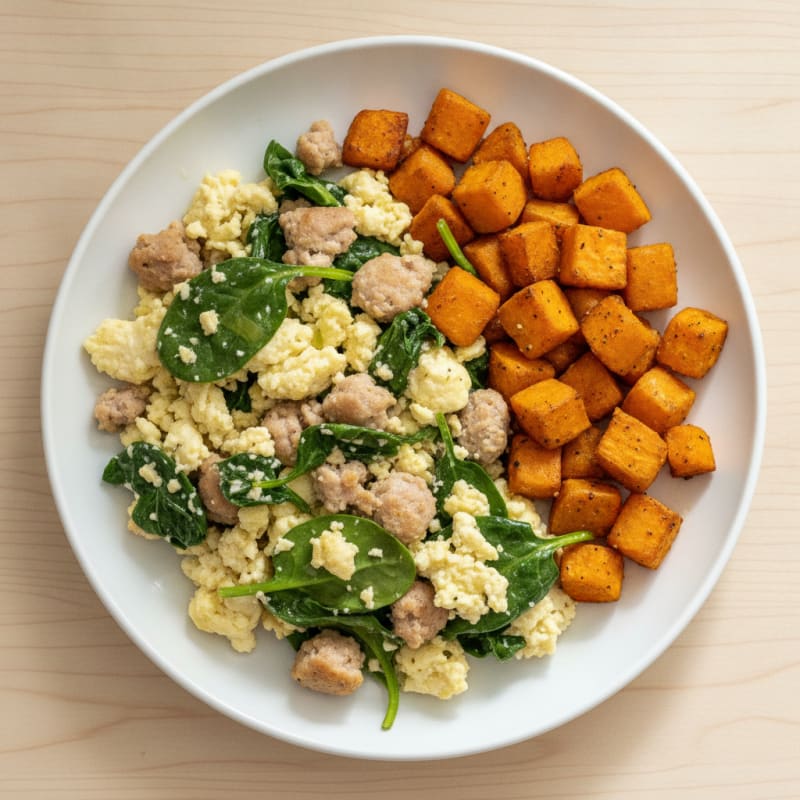Egg White and Turkey Sausage Scramble with Spinach and Roasted Sweet Potato