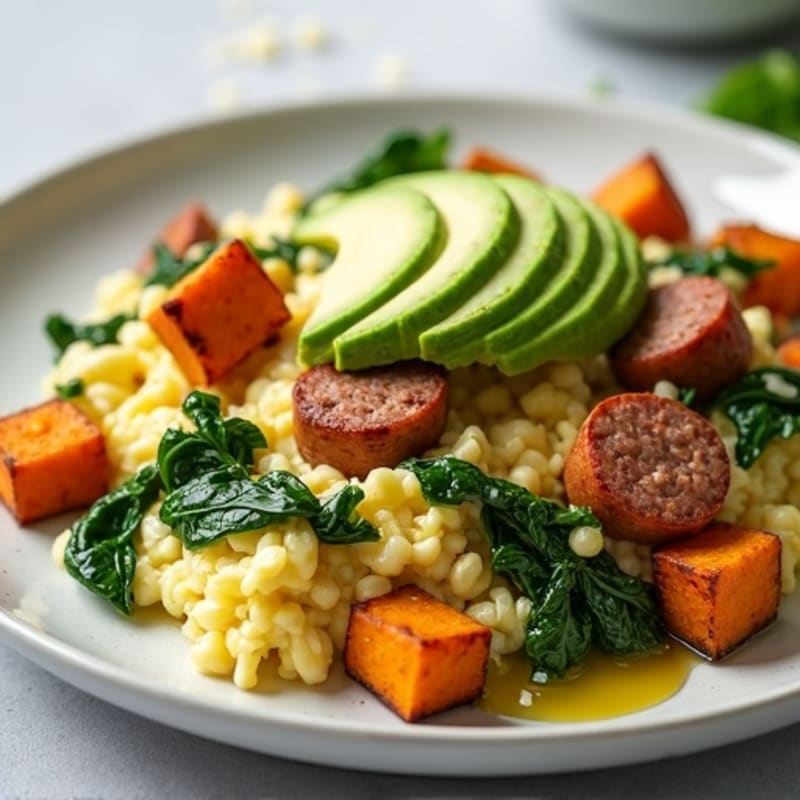 Egg White Spinach Scramble with Turkey Sausage and Roasted Sweet Potato Cubes