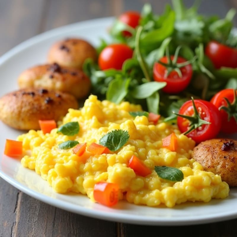 Creamy Scrambled Eggs with Chicken Breast and Roasted Potatoes