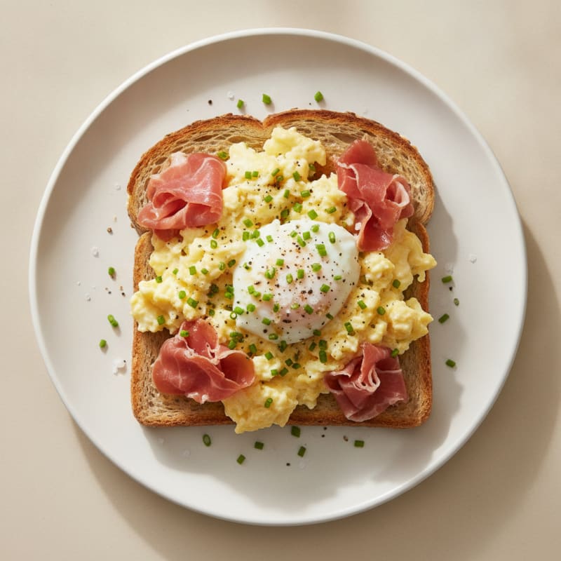Scrambled Eggs with Savory Prosciutto Toast