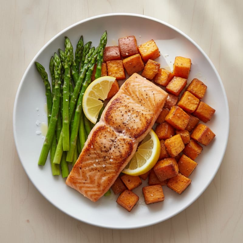 Seared Salmon with Roasted Sweet Potato and Asparagus