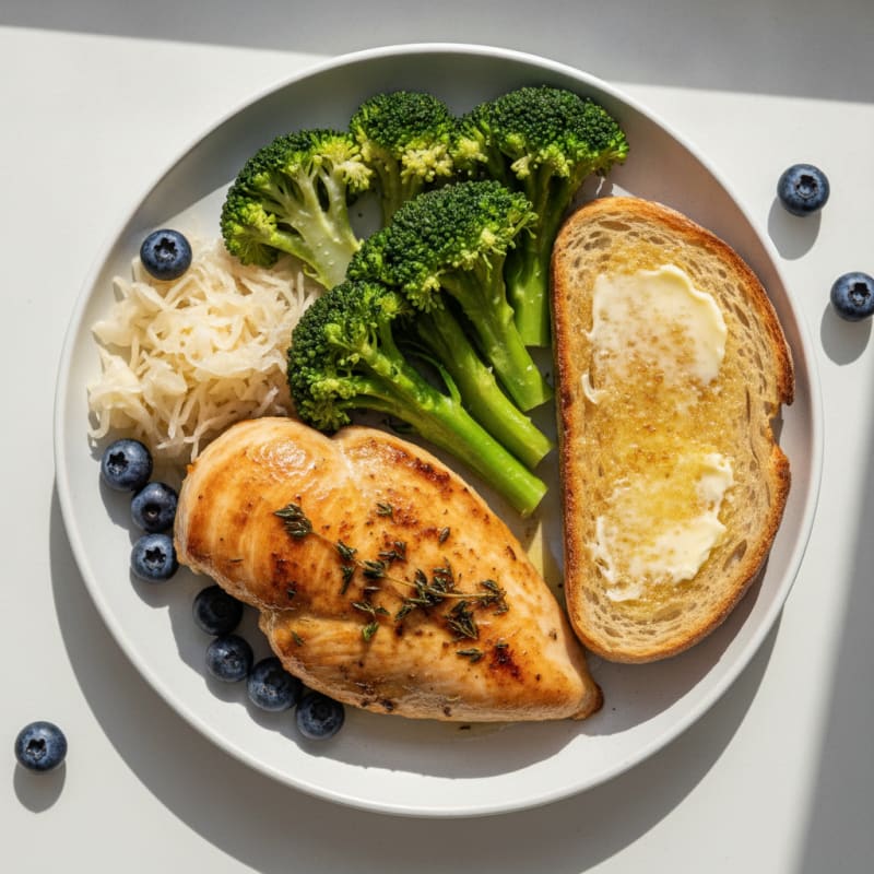 Herb-Roasted Chicken with Steamed Vegetables and Sourdough