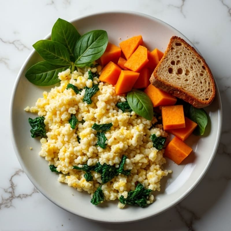 Egg White and Turkey Spinach Scramble with Roasted Sweet Potatoes