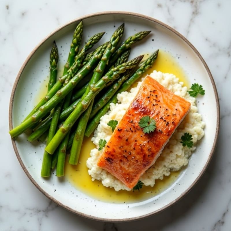 Seared Salmon with Steamed Asparagus and Garlic Mashed Cauliflower