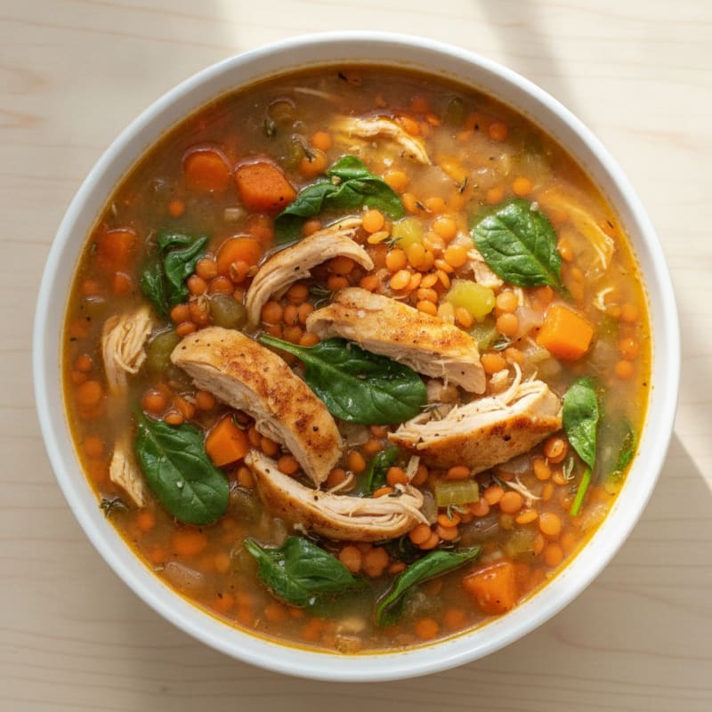 Hearty Vegetable and Lentil Soup with Shredded Chicken