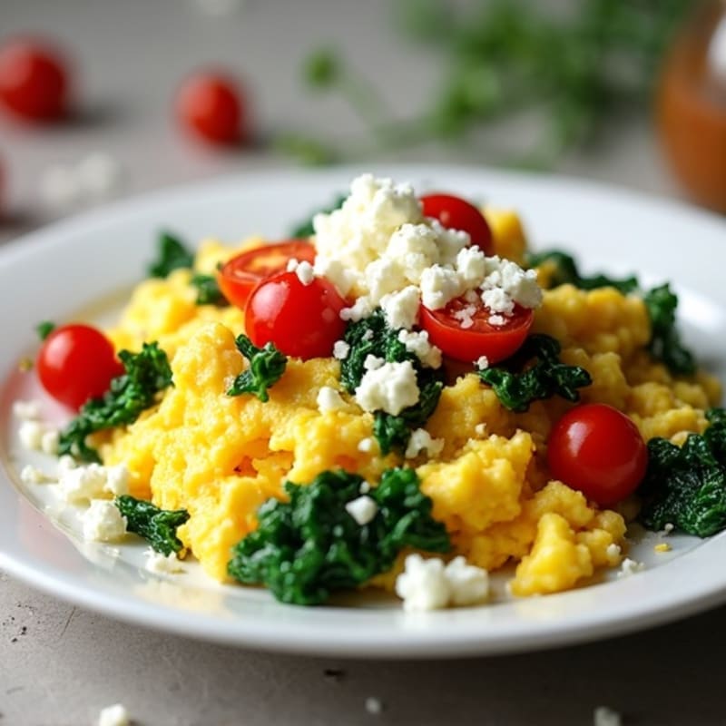 Fluffy Scrambled Eggs with Sautéed Greens and Crumbled Feta