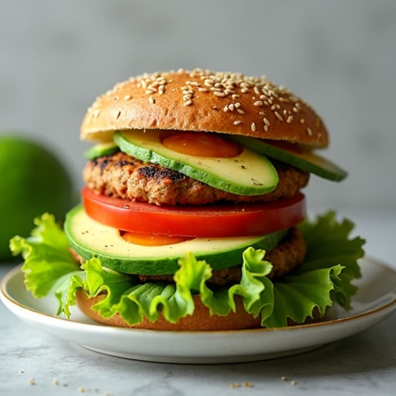 Herb-Seasoned Turkey Burger with Sliced Avocado and Tomato