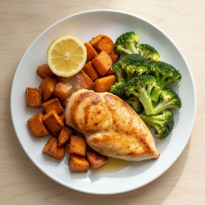 Seared Chicken Breast with Roasted Sweet Potatoes and Steamed Broccoli
