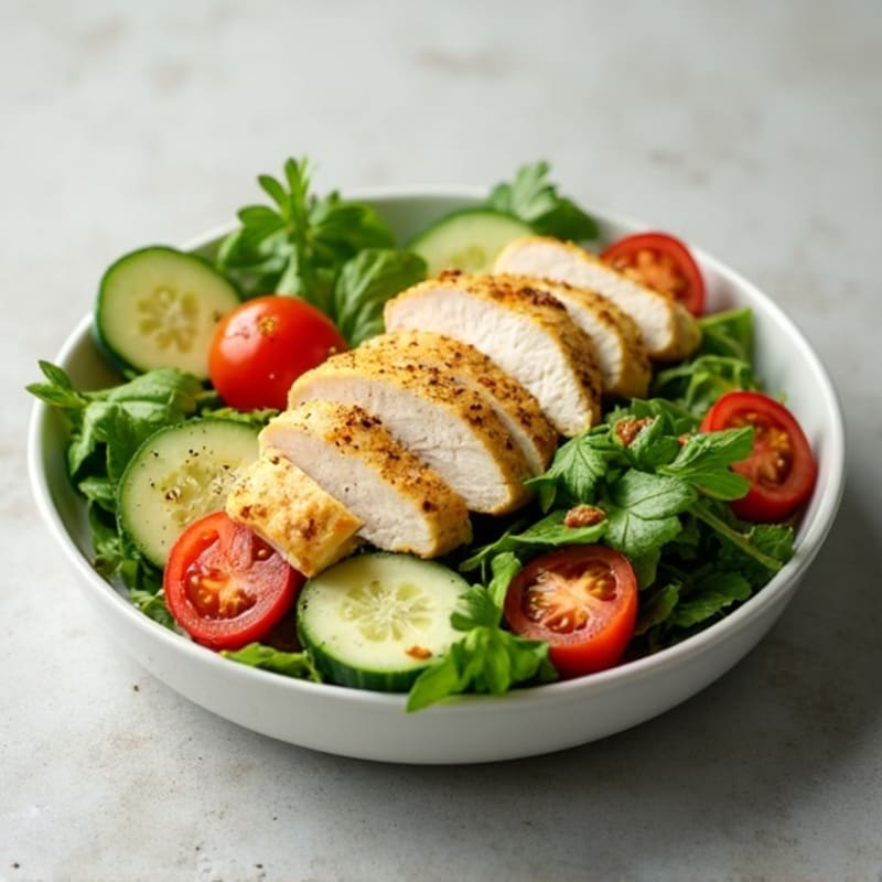 Sliced Chicken with Creamy Avocado and Fresh Greens Salad
