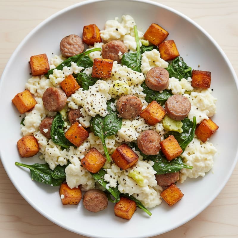 Egg White and Turkey Sausage Scramble with Spinach and Sweet Potato