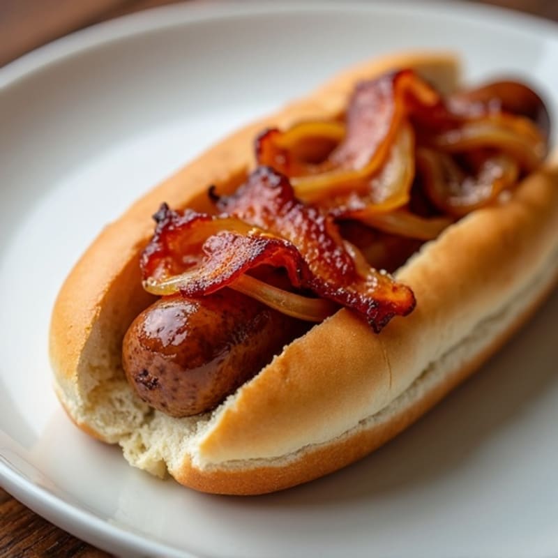Lean Turkey Dogs with Turkey Bacon and Caramelized Onions
