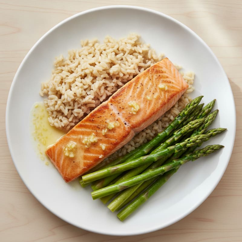 Seared Salmon with Steamed Asparagus and Brown Rice