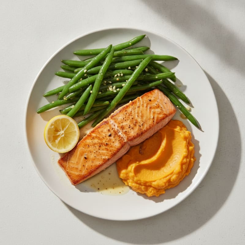 Seared Salmon with Garlic Green Beans and Sweet Potato Mash