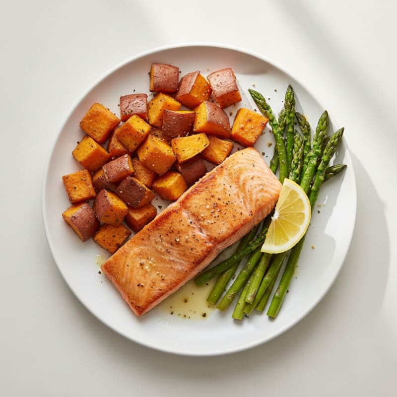 Seared Salmon with Roasted Sweet Potato and Asparagus