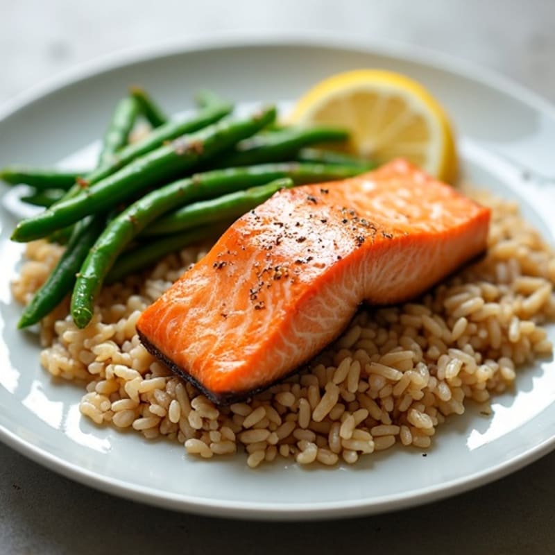 Seared Salmon with Garlic Green Beans and Brown Rice