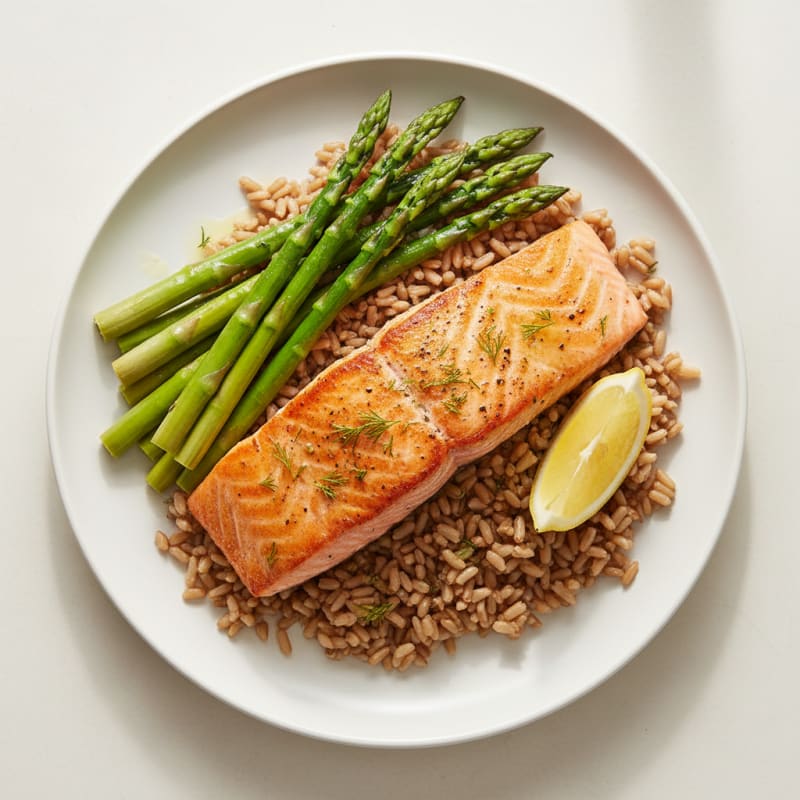 Seared Salmon with Steamed Asparagus and Brown Rice