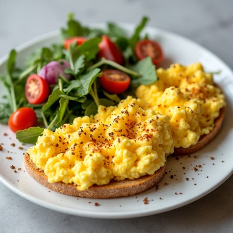 Fluffy Scrambled Eggs with Crispy Ezekiel Toast and Fresh Arugula Tomato Onion Salad