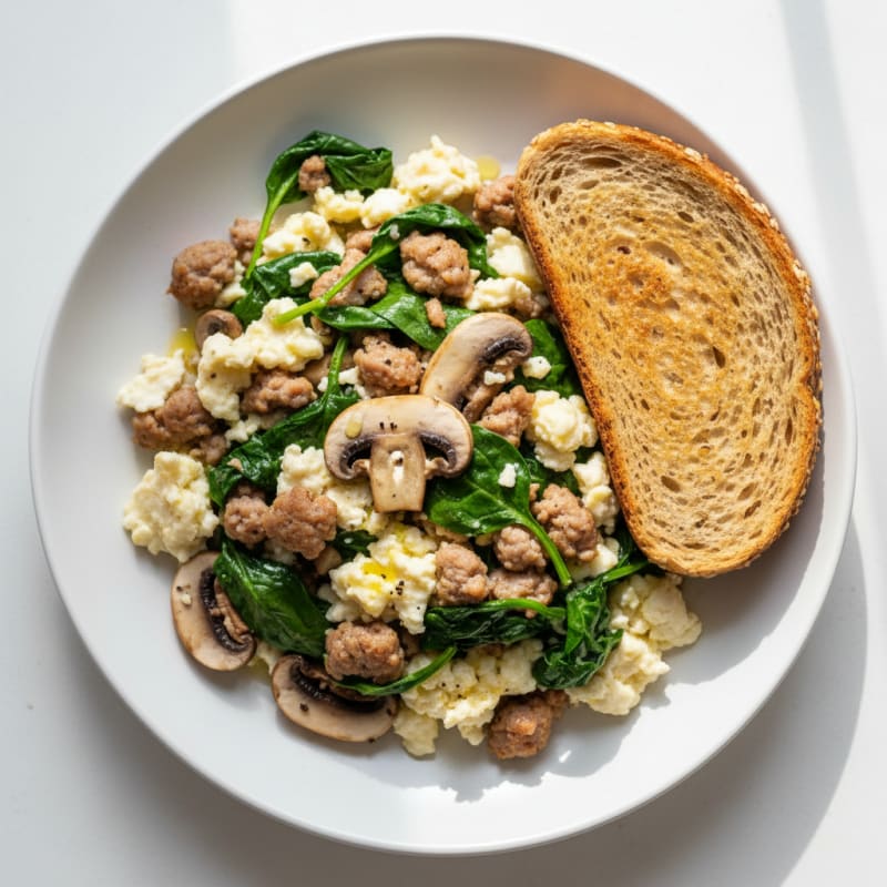 Egg White and Turkey Sausage Scramble with Spinach and Mushrooms