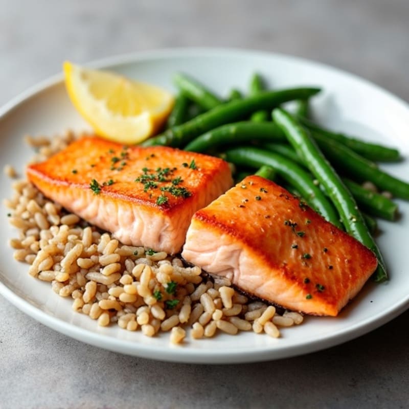 Seared Salmon with Steamed Green Beans and Brown Rice