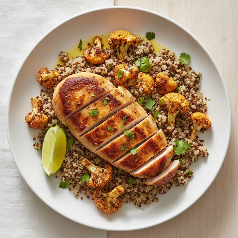 Seared Chicken Breast with Roasted Spicy Cauliflower and Quinoa