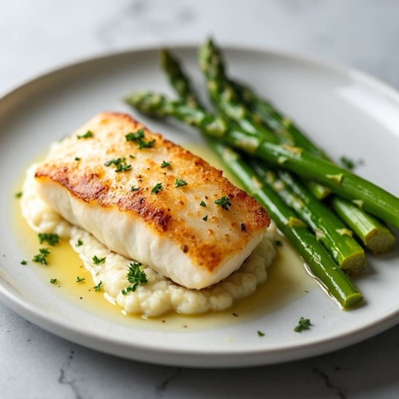 Seared Cod with Roasted Asparagus and Cauliflower Mash