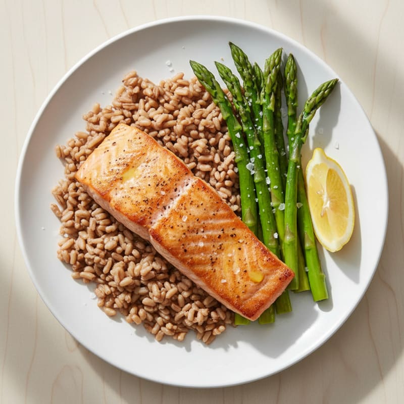 Seared Salmon Fillet with Steamed Asparagus and Brown Rice