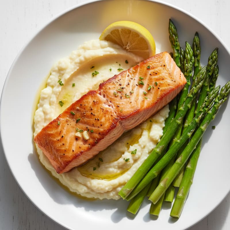 Seared Salmon Fillet with Steamed Asparagus and Cauliflower Mash