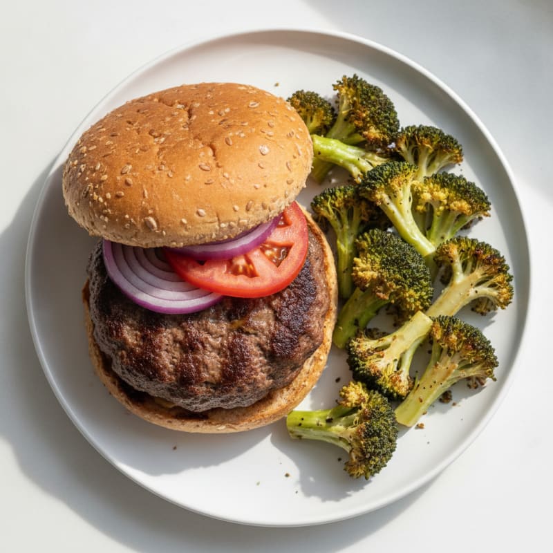 Lean Beef Hamburger with Roasted Broccoli