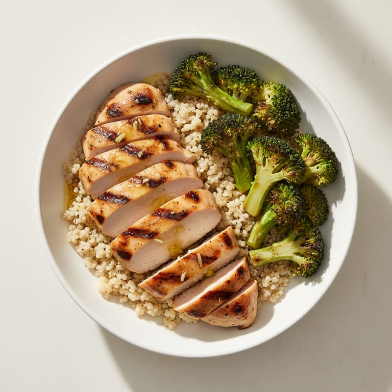 Grilled Chicken and Quinoa Bowl with Roasted Broccoli