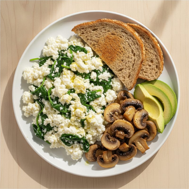Egg White Spinach Scramble with Cottage Cheese and Sautéed Mushrooms
