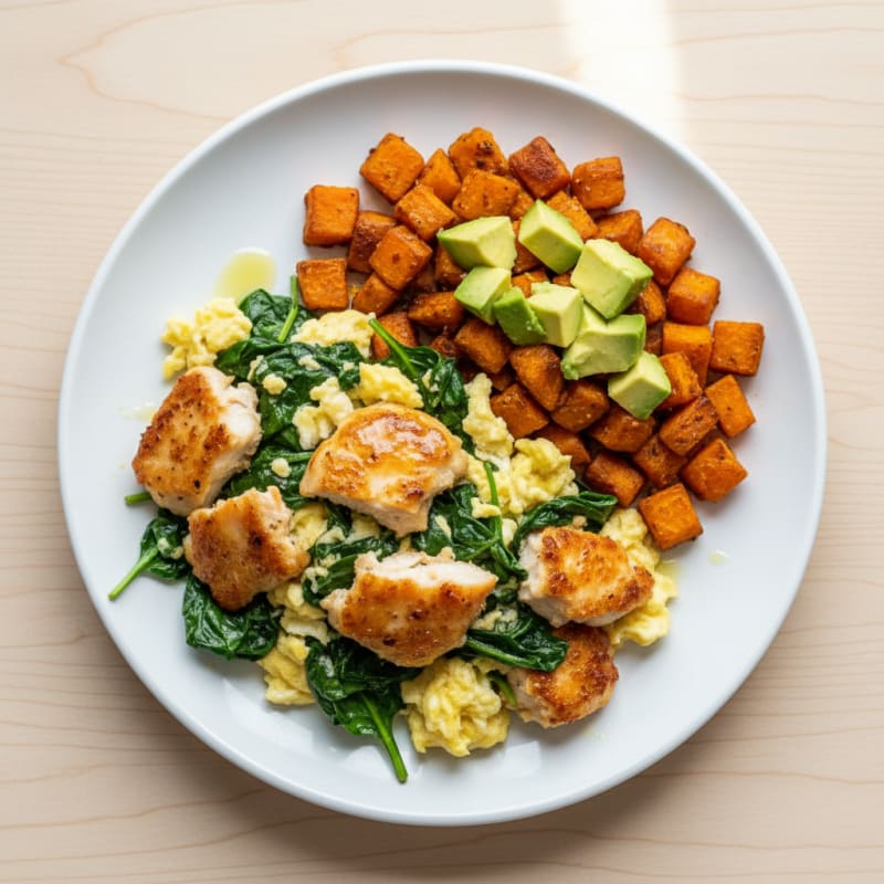 Crispy Chicken and Spinach Egg Scramble with Sweet Potato Hash