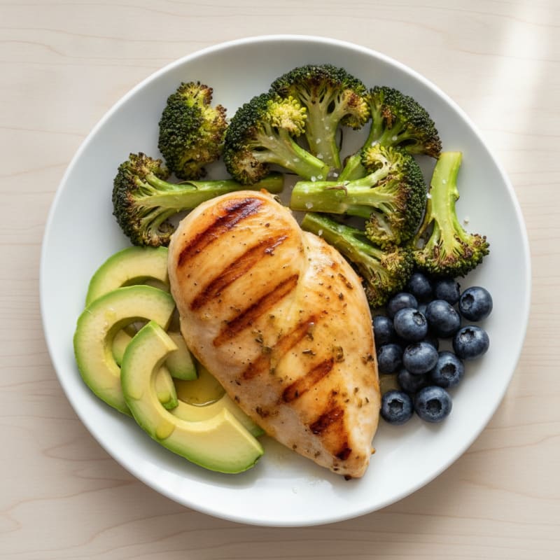 Grilled Chicken Breast with Roasted Broccoli and Avocado Slices
