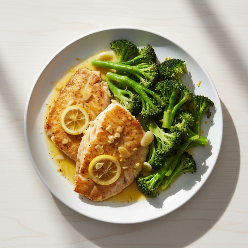 Lemon Garlic Pan Seared Tilapia with Steamed Broccoli