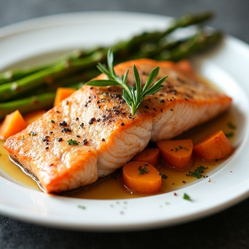 Flaky Pan-Seared Salmon with Roasted Sweet Potatoes and Crispy Asparagus