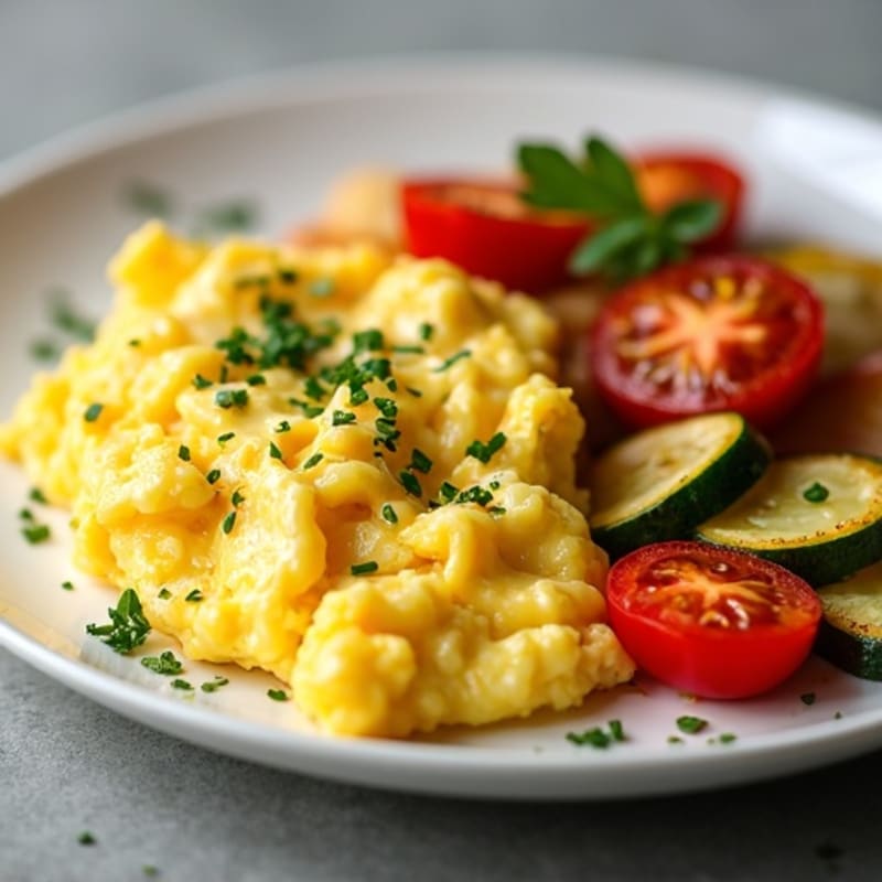 Creamy Scrambled Eggs with Fresh Herbs and Roasted Vegetables