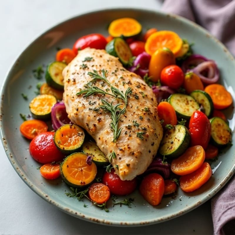 Herb-Crusted Sheet Pan Chicken with Roasted Rainbow Vegetables