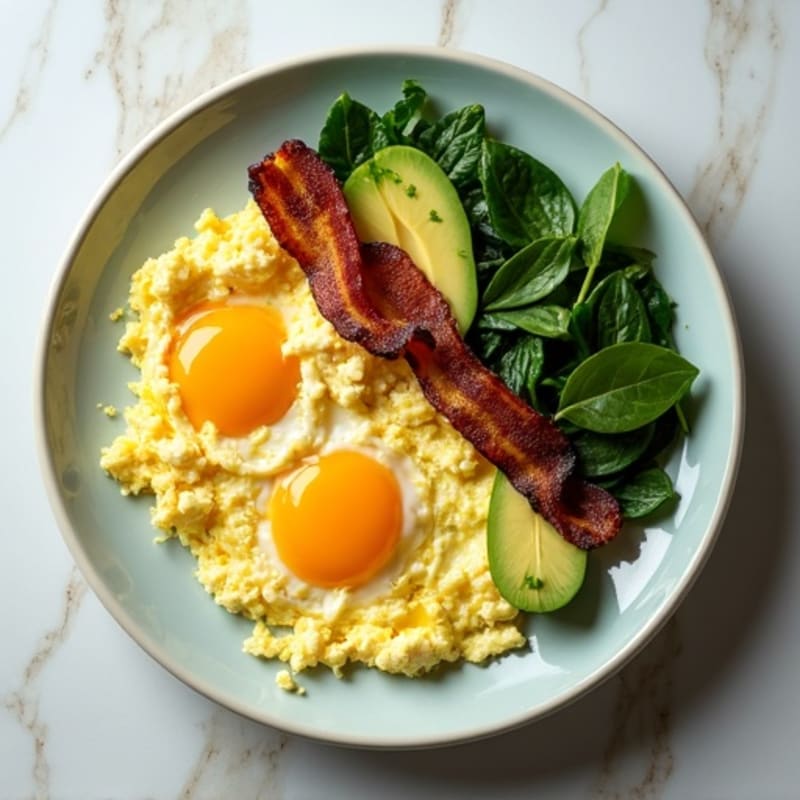 Cottage Cheese Egg Scramble with Spinach and Turkey Bacon